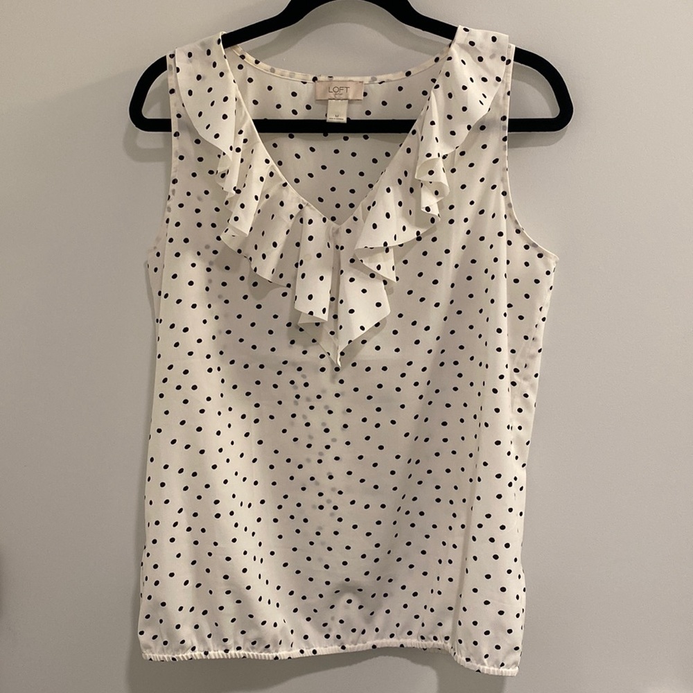 Loft Outlet ivory/black polka dot silk ruffle blouse, Size M